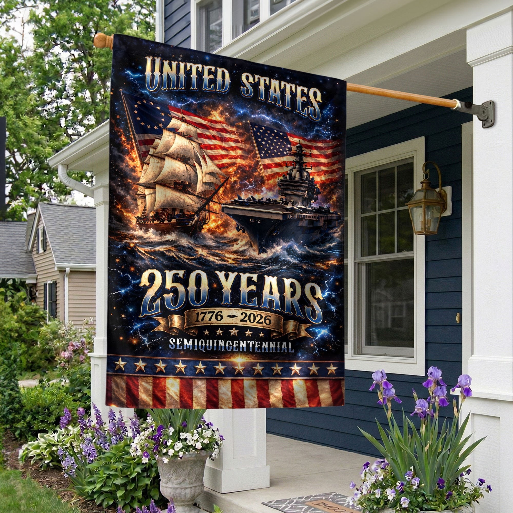 1776-2026 USA 250th Anniversary House Flag Navy Double Sided Patriotic