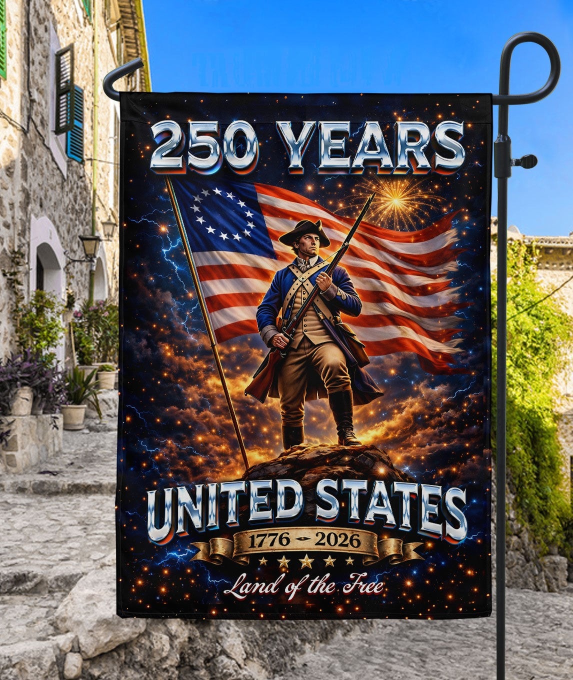 250 Years United States Garden Flag with Patriotic Soldier 1776-2026 Design