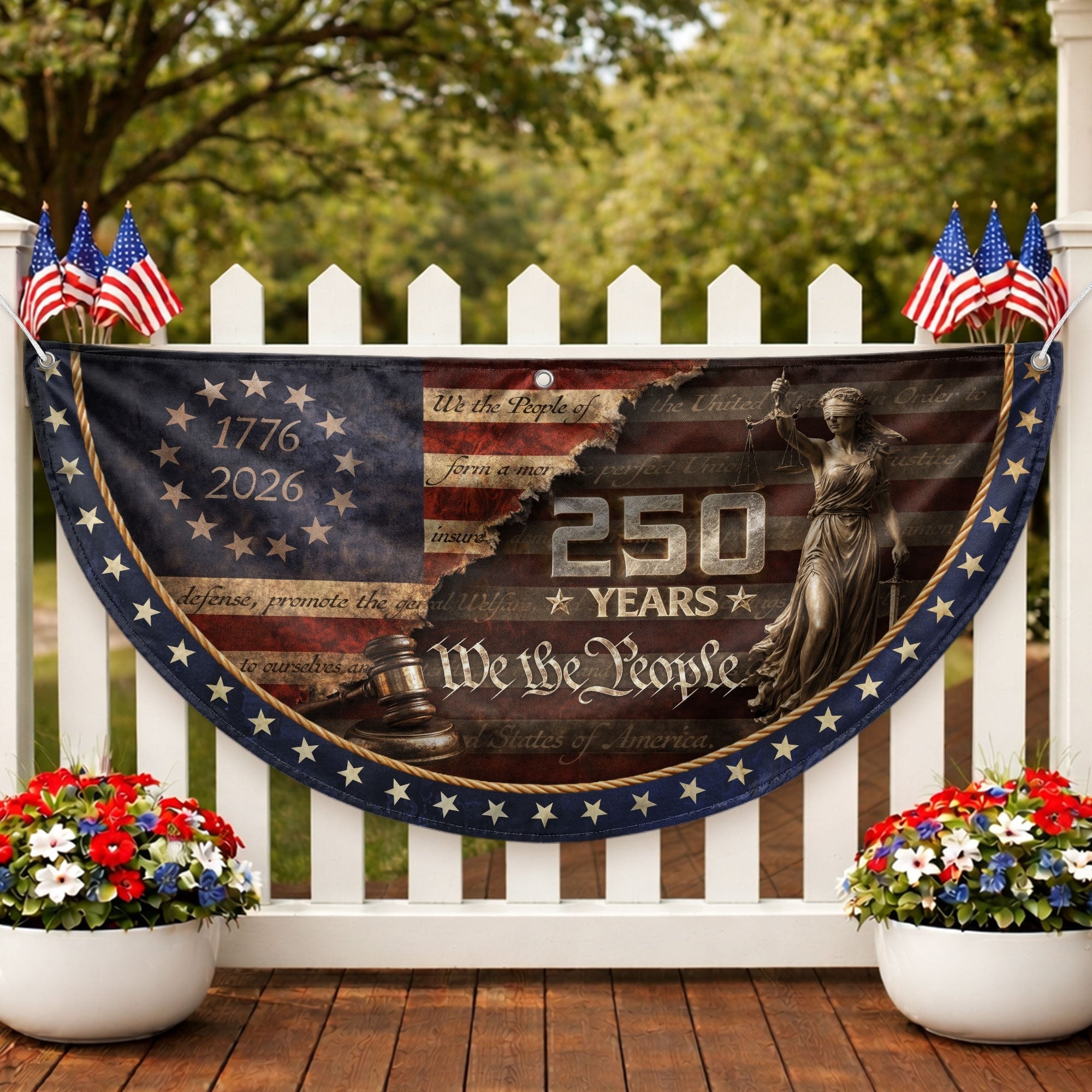 We The People Lady Justice Gavel Fence Flag 1776-2026 Patriotic 250 Years