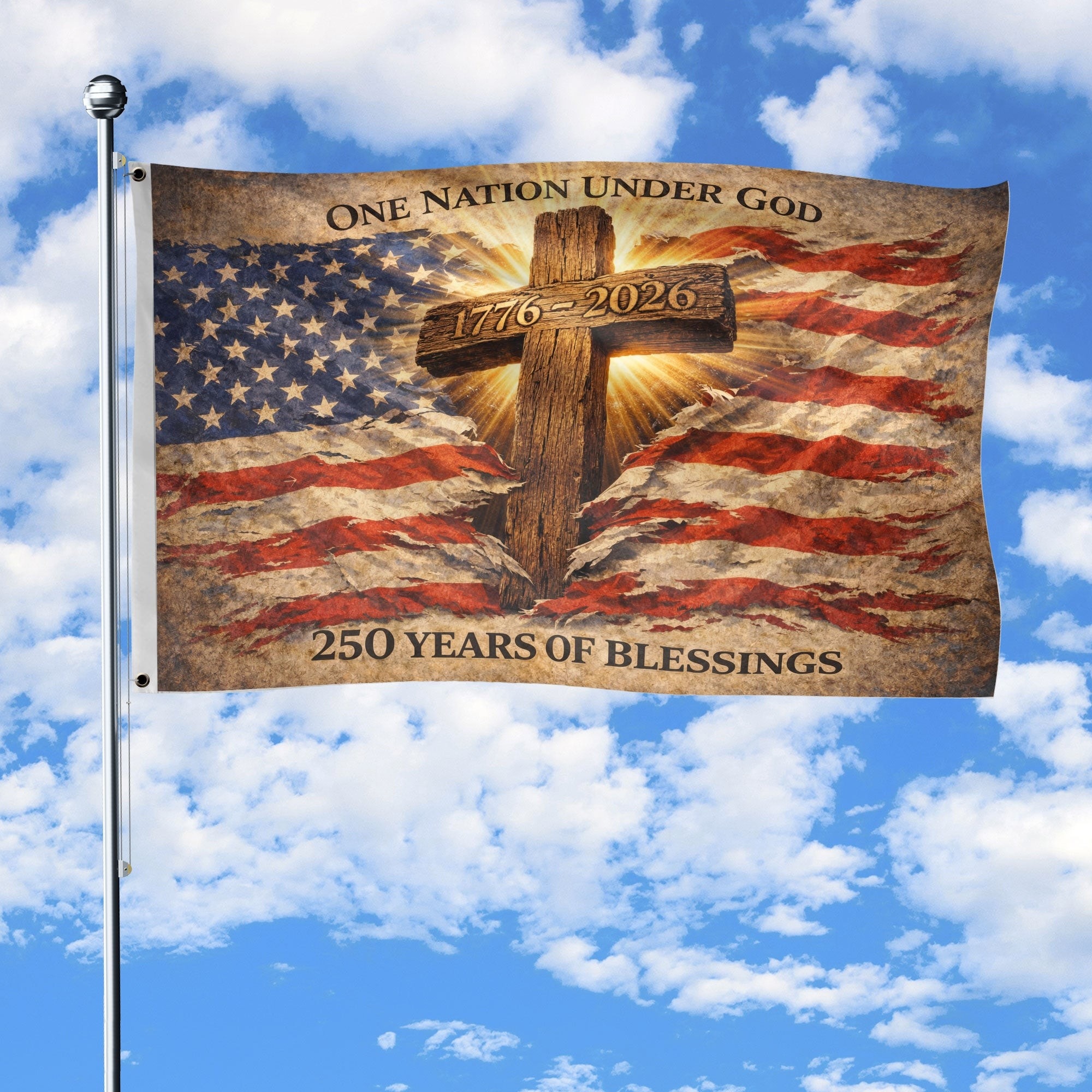 One Nation Under God 250th Anniversary American Flag with Cross 1776-2026 Patriotic Banner