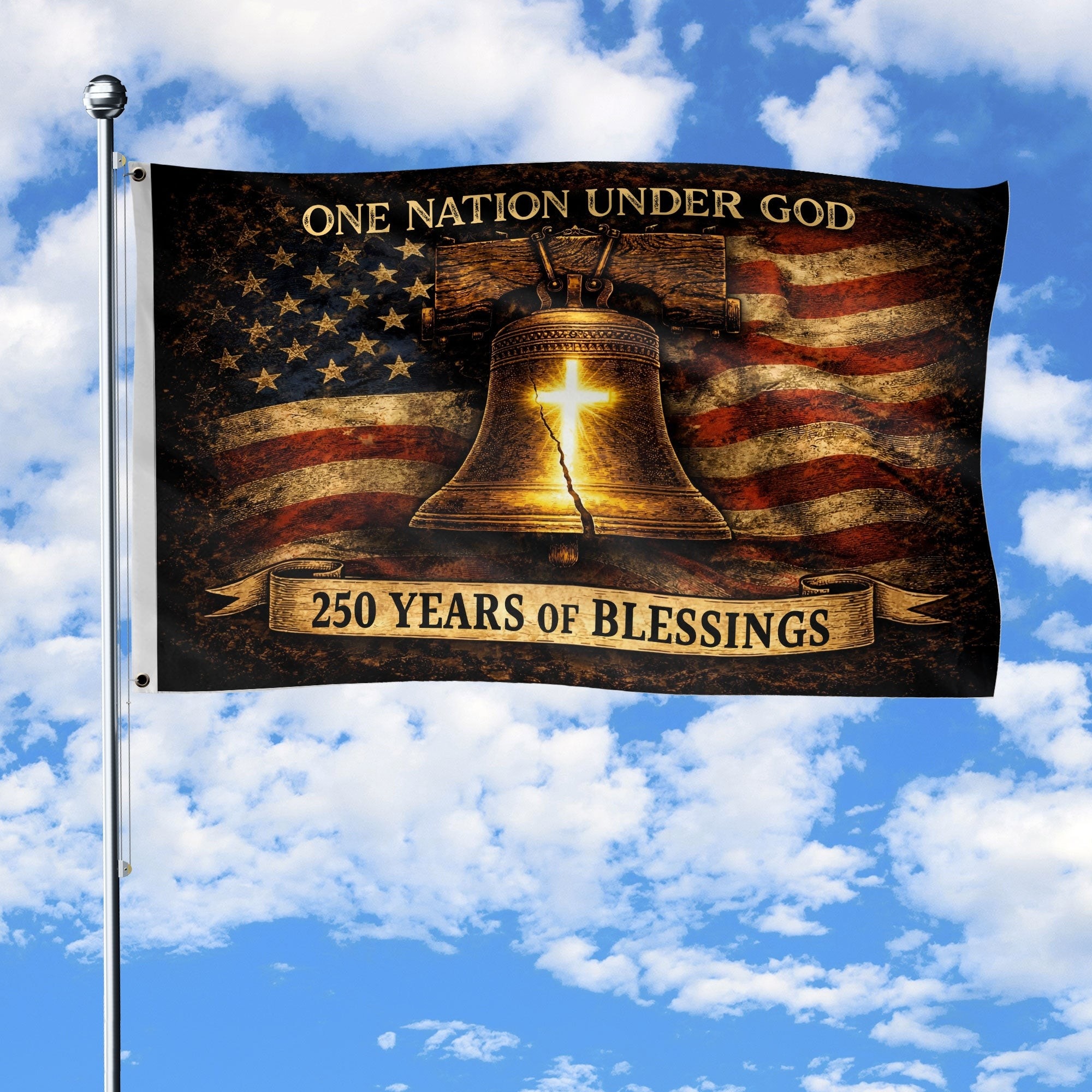 250th Anniversary Commemorative American Flag with Liberty Bell Holy Cross Design